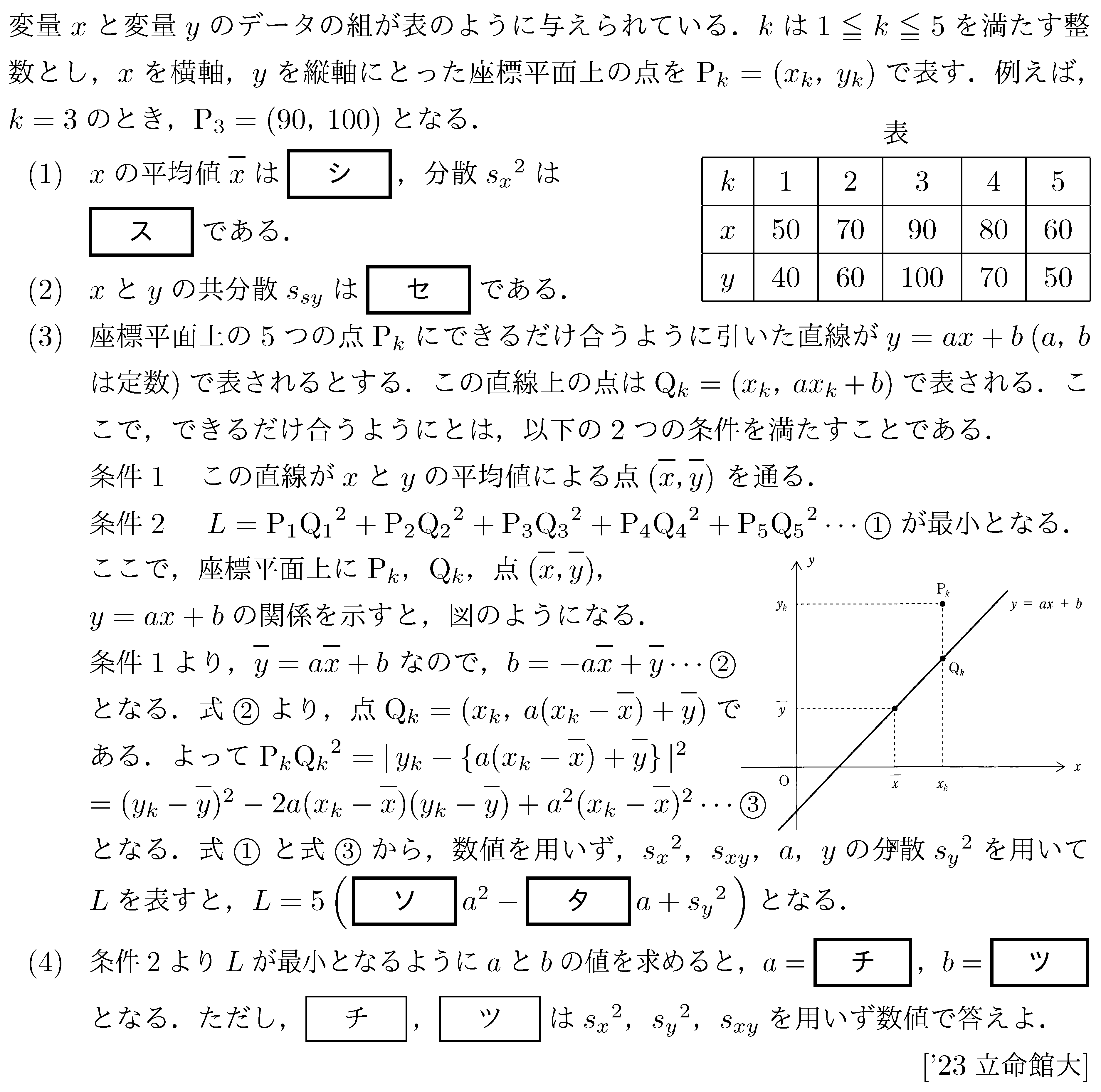 数学1 データの分析 1次回帰直線 問題1の問題画像