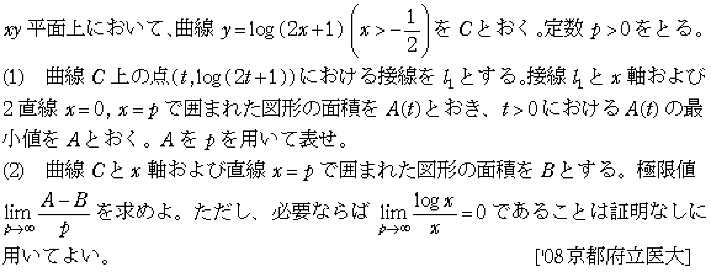 数学3 積分法 接線・極限との複合 問題29の問題画像