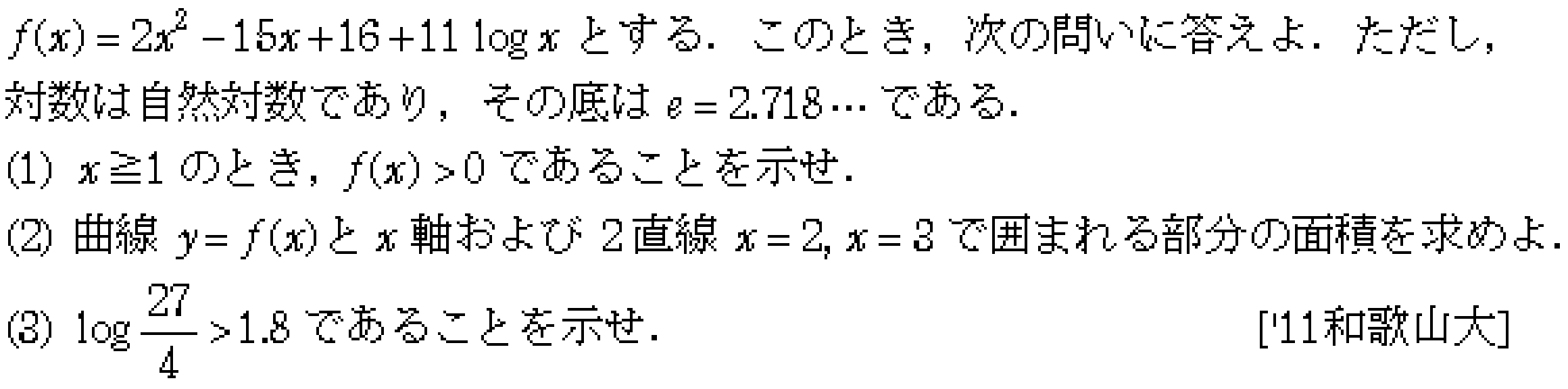 数学3 積分法 定積分・面積 問題168の問題画像
